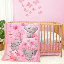 Baby Girl Crib Bedding Set Pink Elephant Crib Nursery Comforter Bed Sets Deco...