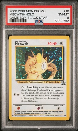 2000 Swirl POKEMON PROMO BLACK STAR GAME BOY #10 MEOWTH-HOLO PSA 8