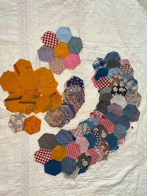 Vintage Hexagon Quilt Blocks with Feed Sack Centers & Extra Parts - c1925-40