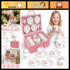 Pink Floral Porcelain Tea Set for Toddlers - Tea Party Playset with Carry Case,