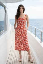 Chelsea28 XS Red White Floral Midi Slip Dress Square Neck Side Pockets Strappy
