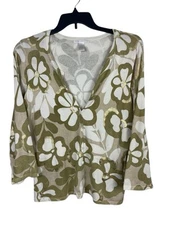 Sarah Spencer Soft Silk Blend 3/4 V-neck 60s Mod Flower Earth Tones Sweater