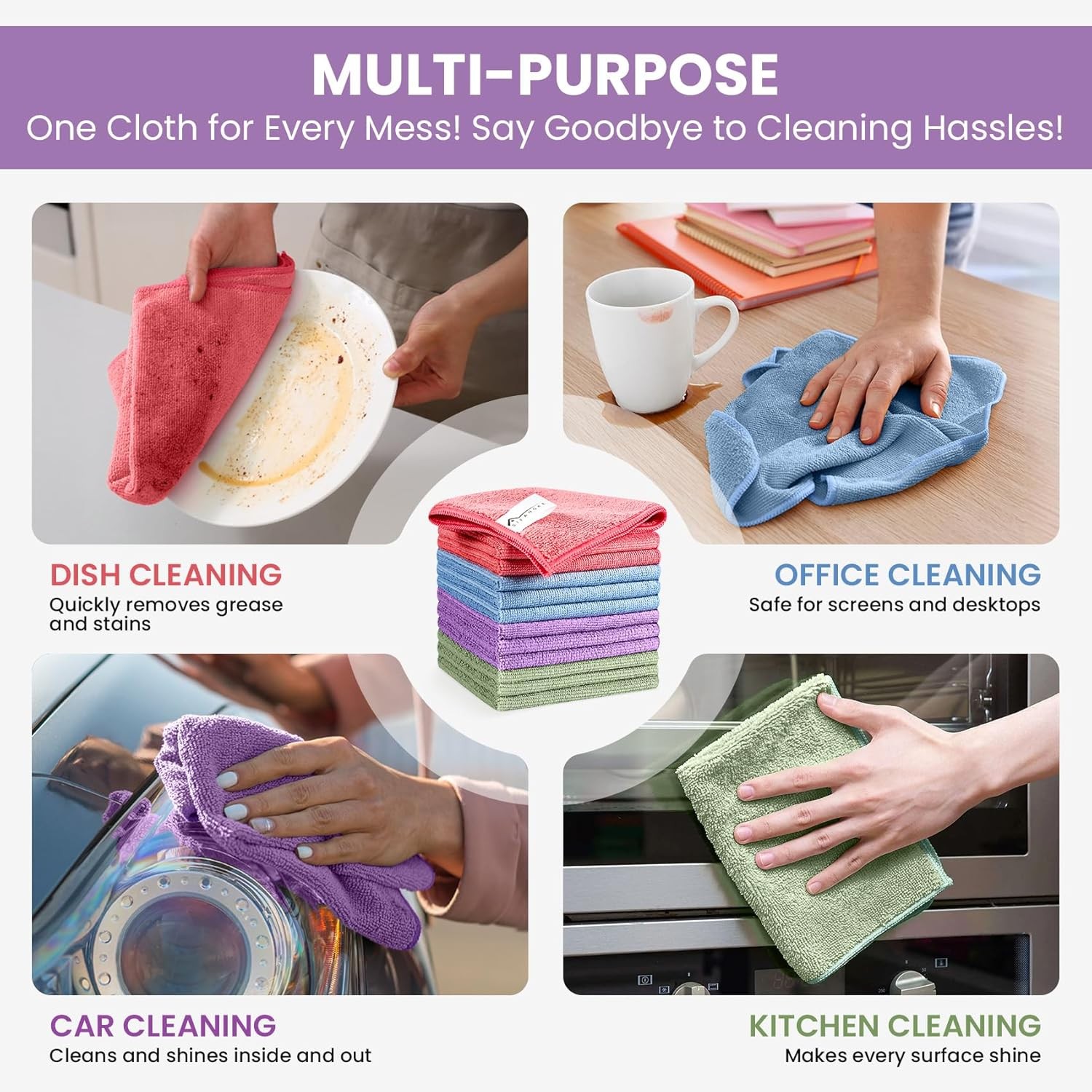 Microfiber Cleaning Cloth, 12 Pack Assorted Color Cleaning Rags for Housekeeping