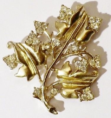 Broche Vintage Fleur Avec Cristaux Et Perle Blanche - Bijou Décoratif Feuillage - Occasion