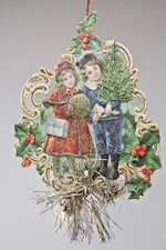 Vintage Tinsel Cardboard Paper KIDS w TREE Christmas Ornament Postcard Germany