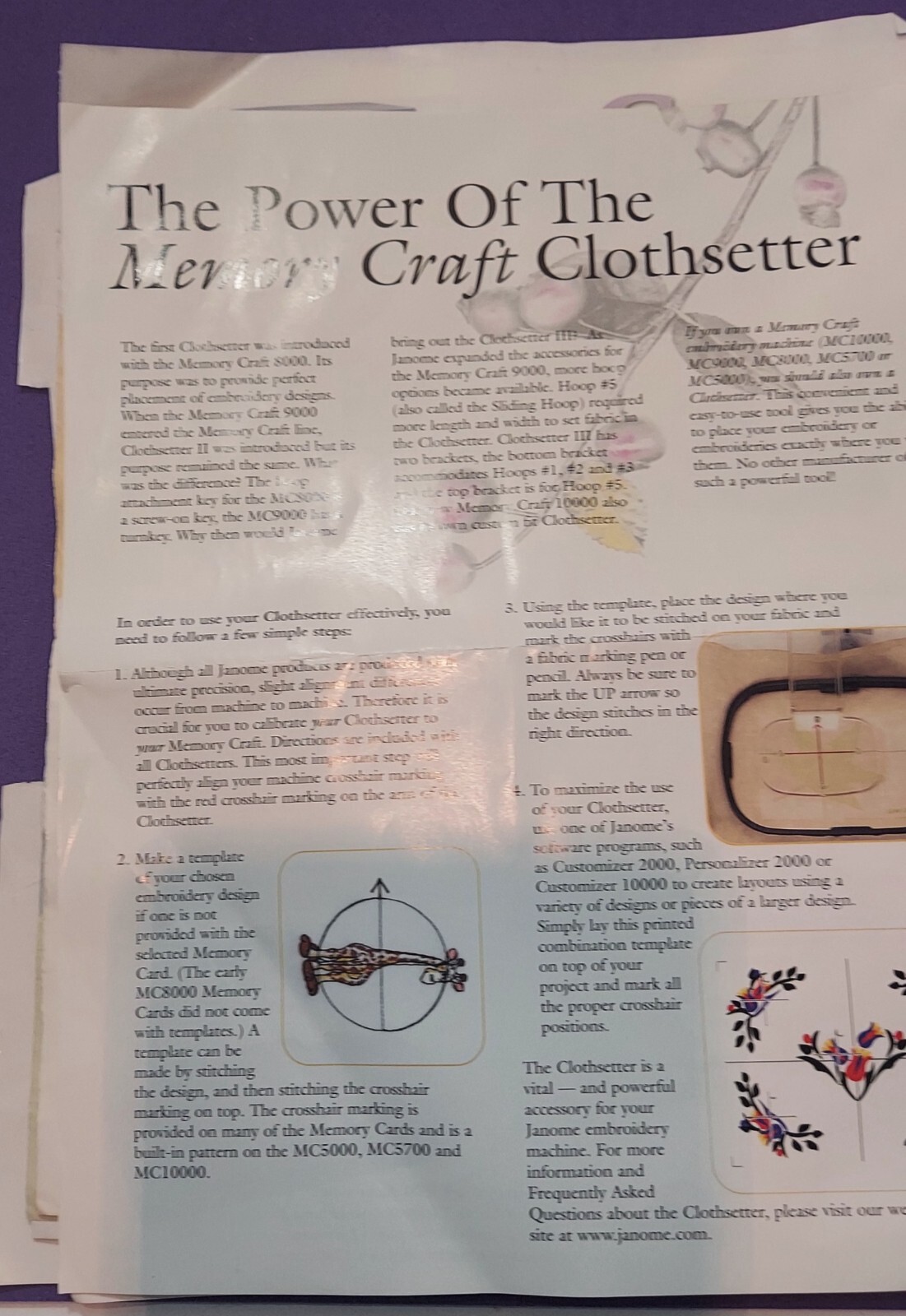JANOME MEMORY CRAFT CLOTHESETTER 10000 EMBROIDERY MACHINE PLACEMENT TOOL