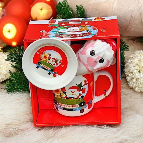 Festliche Weihnachten Kaffeebecher Geschenk mit Teller Löffel und Marshmallows - Bild 15 von 43