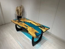 Blue Transparent Epoxy Resin Coffee Table – Unique Handmade Live Edge Wooden Fur