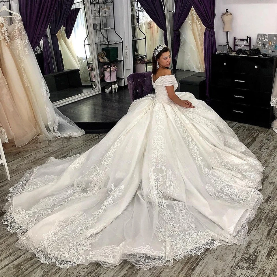 White Off Shoulder Wedding Dresses Lace With Train Ivory Plus Bridal Ball Gowns - Image 3 of 4