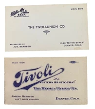 Two Tivoli Beer Business Cards, Denver Colorado Brewery CO Beer Americana