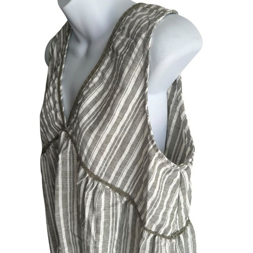 Umgee Linen Blend Top Womens Medium Green White Striped Babydoll Swing Tank Boho - Picture 4 of 11