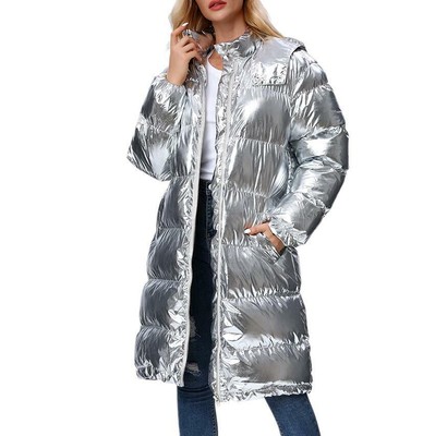Download Womens Shiny Silver Hooded Long Puffer Cotton Down Coat ...
