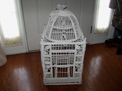 Vintage Large 30 White Wicker Decorative Bird Cage Shabby Chic