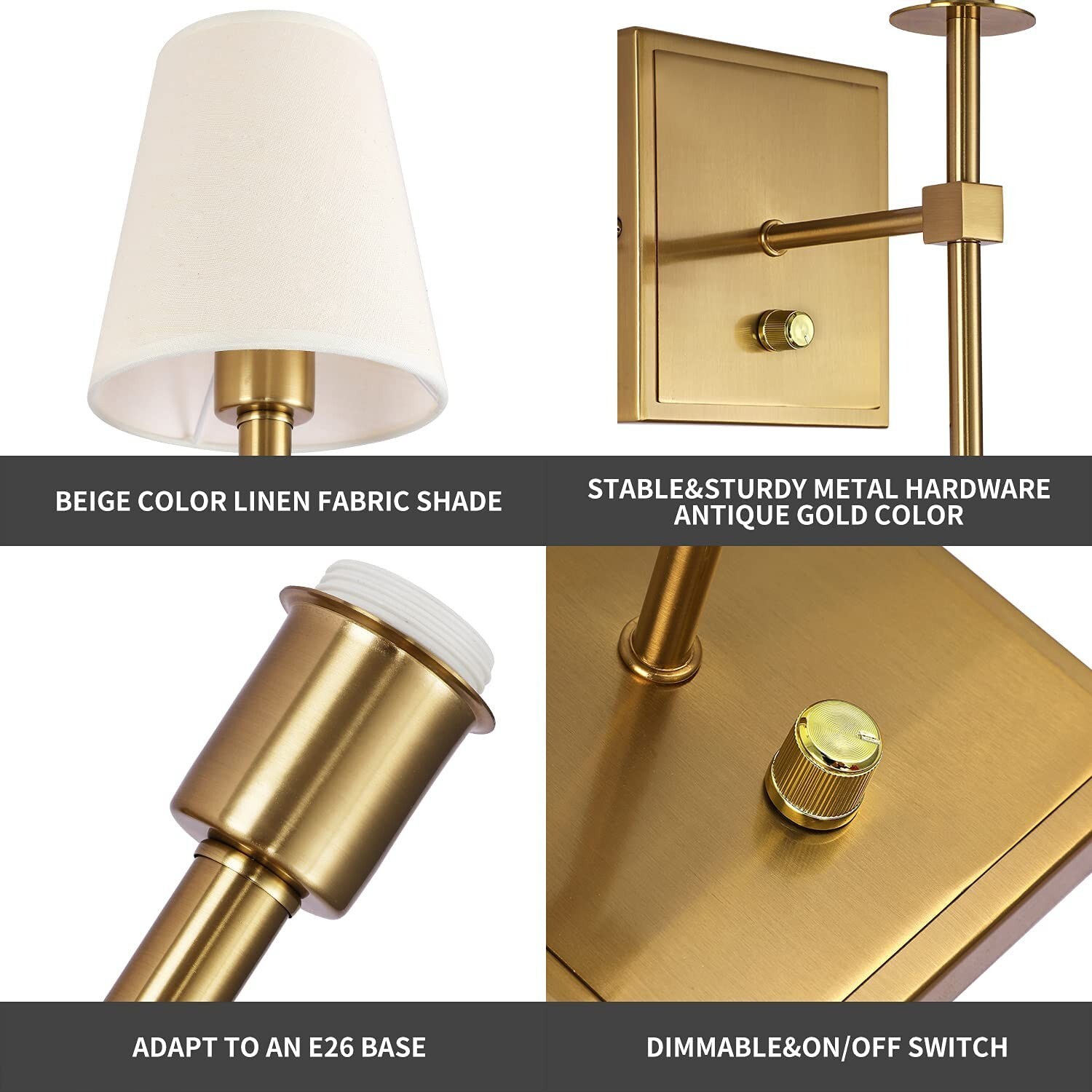 Gold Wall Sconce Lighting with On Off Dimmer Switch Torch Light ...