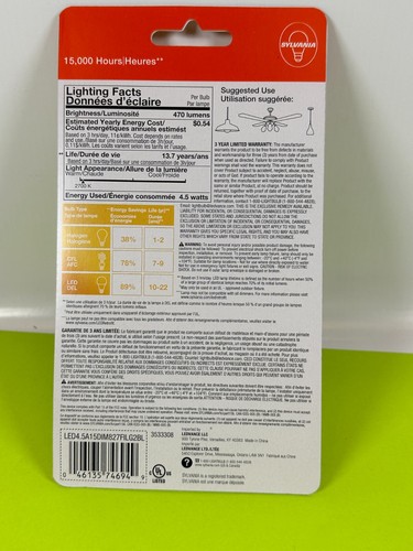 Sylvania LED A15 Medium Base Light Bulb 40W 120V 2700K - BOX OF 5 Bulbs NEW - Picture 2 of 5