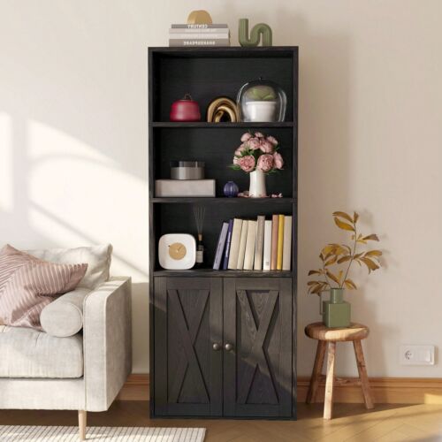 Industrial 5-Shelf Bookcase W/ Doors - 11.8" Depth Floor Standing Storage - Picture 3 of 11