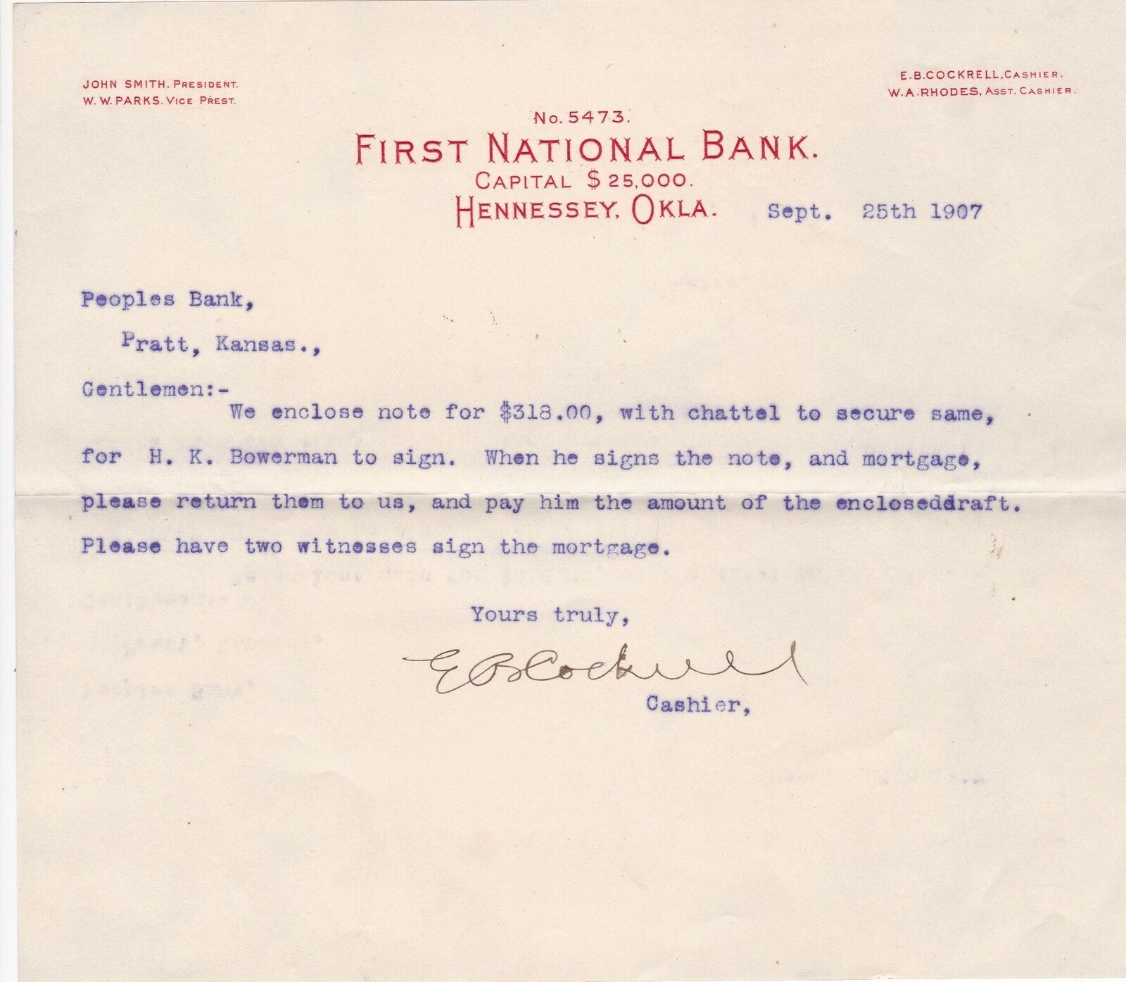 U.S. FIRST NATIONAL BANK, Hennessey, Okla. Sept. 1907 Invoice Letter Ref 44219