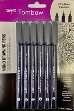 Tombow MONO Drawing Pens 66405 ~ Set of 6 ~ Black Ink ~ 6 Tip Sizes