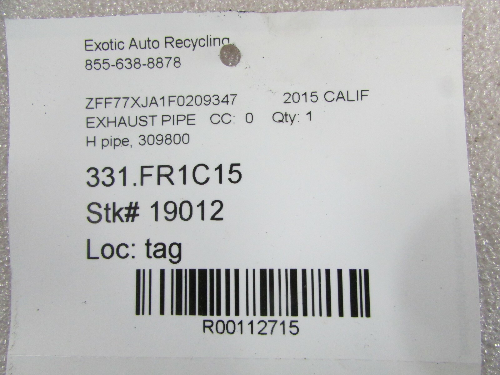 Ferrari California T, Exhaust Cross Pipe, Used, P/N 309800