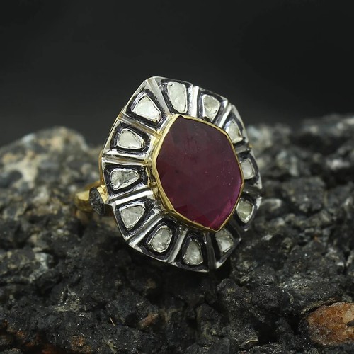 Natural Ruby Ring Polki Diamond Ring Statement Ring 925 Silver Ring - Picture 3 of 3