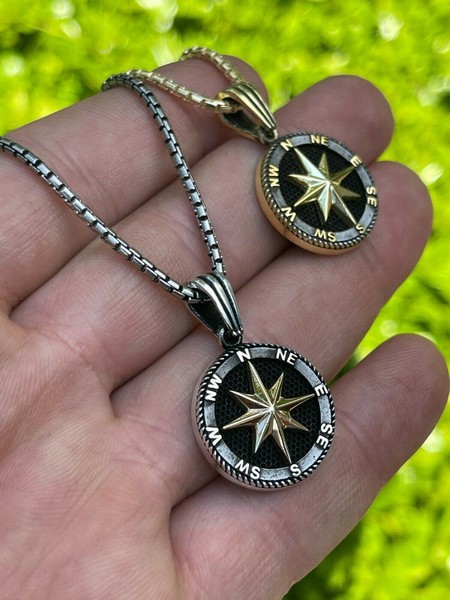 Alternate view of Real Solid 925 Silver 14k Gold Plated Navigation Star Compass Pendant Necklace