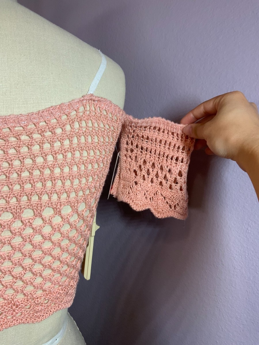 debut coral pink off the shoulder crochet crop top with