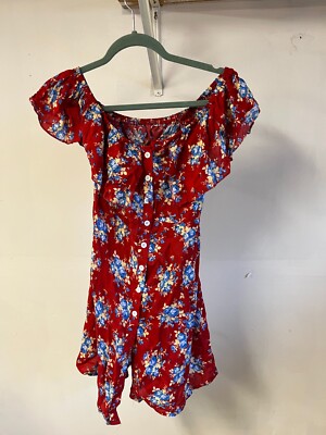 Forever 21 red floral off the shoulder button up mini dress womens S