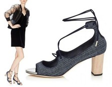 JIMMY CHOO 36.5 Vernie Denim Blue Lace Up Wood Block Heels Sandals 6