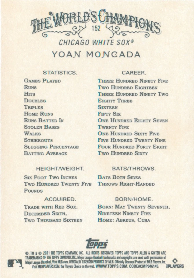 Yoan Moncada 2021 Topps Allen & Ginter MLB Baseball Card #152 Chicago White Sox - Image 2 of 2