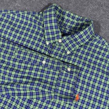 Ralph Lauren Button Down Shirt Mens XL Blue Green Plaid Short Sleeve Pony