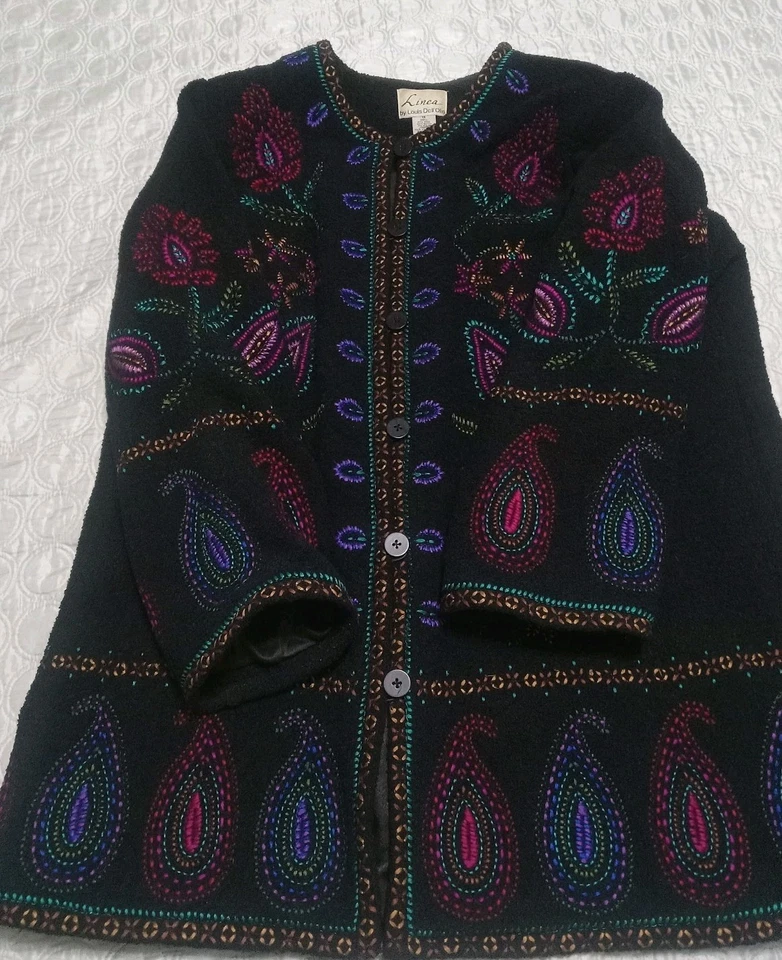 Abrigo Vintage Linea Louis Dell'Olio Negro Paisley Floral Bordado X-grande Foto 3 de 4