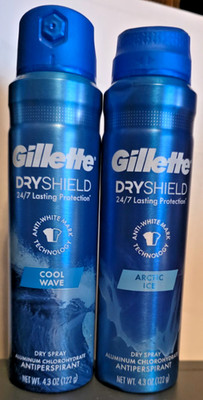 LOT (2) GILLETTE DRYSHIELD COOL WAVE ARCTIC ICE DRY SPRAY ANTIPERSPIRANT 4.3 oz