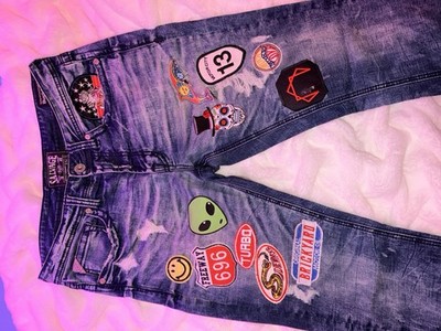 Salvage Straight Slim Fit Jeans Blue Denim Embroidered Patchwork Distressed Men