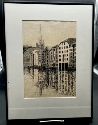 Black Pen Drawing Cityscape by Leif Otto Furseth  17''x12.5''x1''