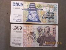 2 Iceland 5000 & 1000 Kronur Banknote 2001 Sedlabanki Islands