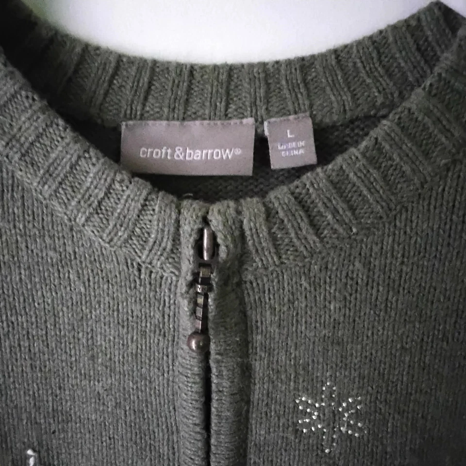 Cardigã Croft & Barrow verde boneco de neve inverno Natal zíper completo suéter em excelente estado usado - Imagem 2 de 4