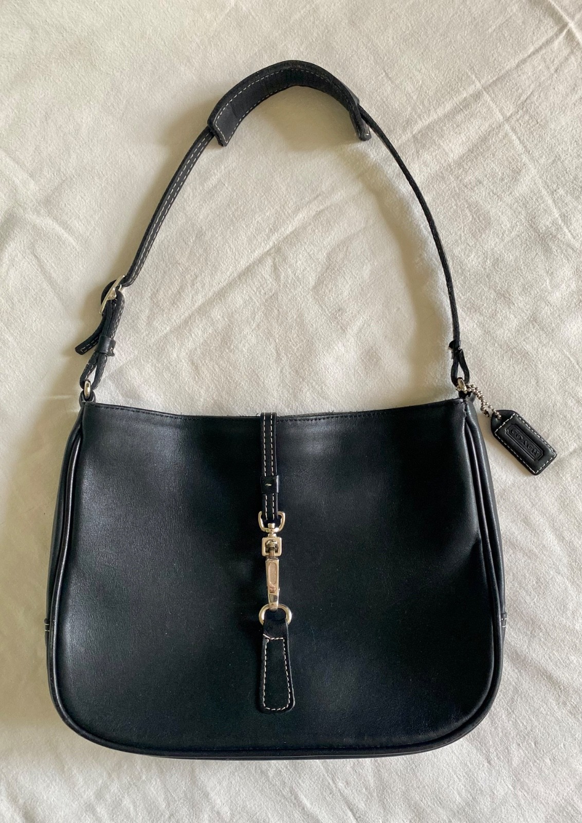 COACH Vintage Black Leather Hampton Lobster Clip Hobo Shoulder Bag Equestrian