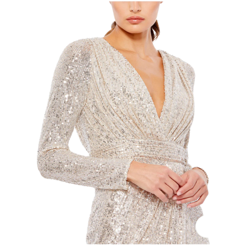 Mac Duggal NWT Long Sleeve Ruched Faux Wrap Sequin Gown Size 12 Silver V-Neck - Picture 2 of 10
