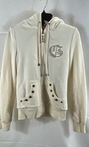 Guess Women's White Gothic Rhinestone Zip Hoodie Faux Fur Lined Jacket Sz S