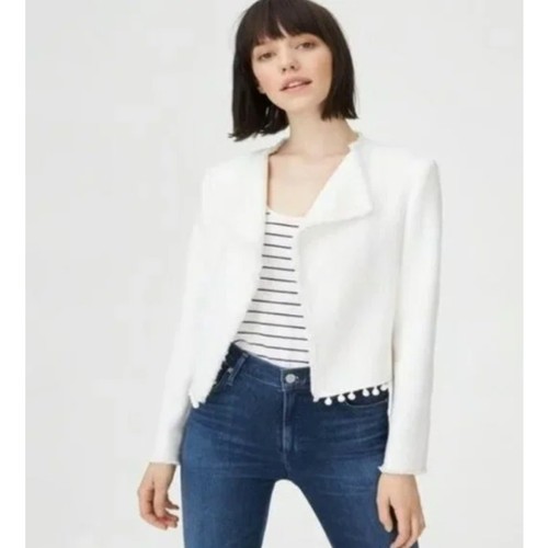 Club Monaco Jamia Blazer Womens Size 4 White Pom Pom Trim Open Career Jacket - Picture 2 of 10