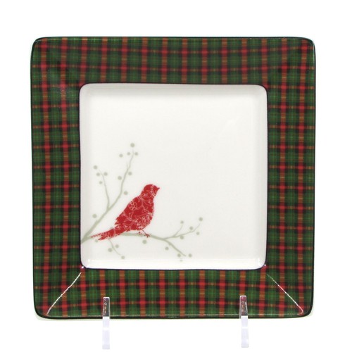 222 Fifth CHRISTMAS BIRDS - PLAID 5" Appetizer Plate Set 4 Square Red Green Mint - Picture 2 of 15
