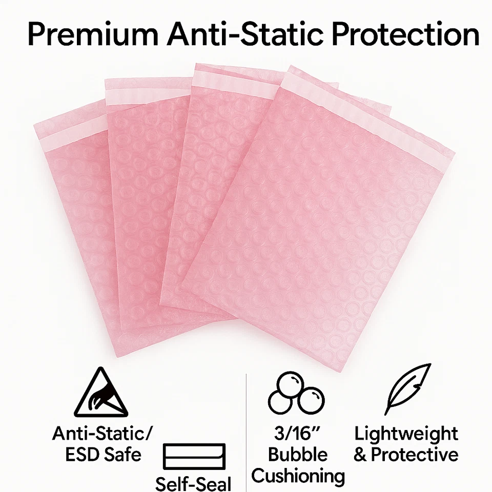 4x5.5 Anti-Static Bubble Out Pouches | Self Seal 3/16" Cushion Bags | Pink - Image 2 of 4