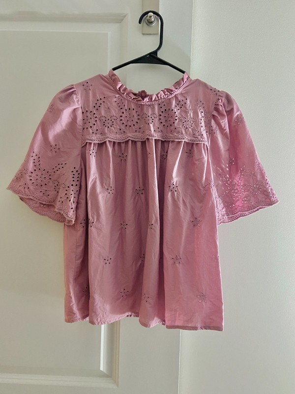 GAP BLUSH PINK VICTORIAN MOCK HIGH NECK EYELET SHORT SLEEVE TOP BLOUSE L LARGE