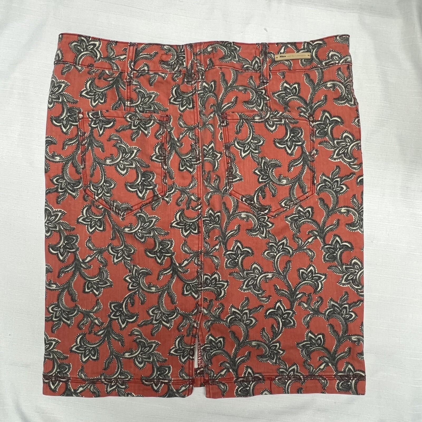 Anthropologie Pilcro and the Letterpress Coral Paisley Denim Pencil Skirt Sz 31