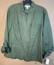 Coldwater Creek Womans Linen Blend Cargo Jacket Olive Green Size 10 Msrp: $89