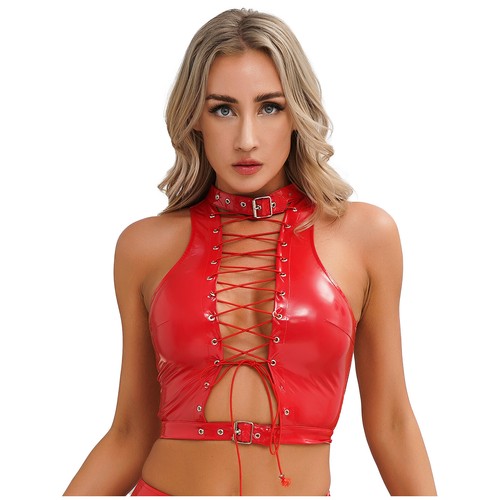 UK Womens Patent Leather Sleeveless Crop Top Hollow Out Tank Top Vest Clubwear - Picture 5 of 45