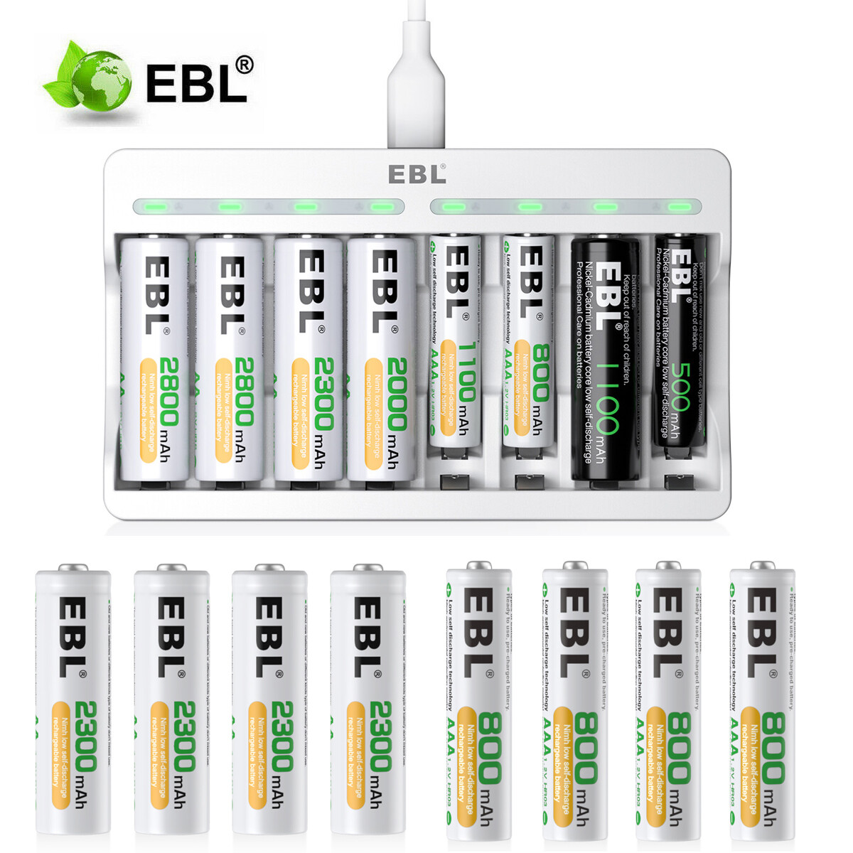 EBL Lot AA AAA Rechargeable Batteries 2300mAh 800mAh NI-MH / 8 Slots Charger-image