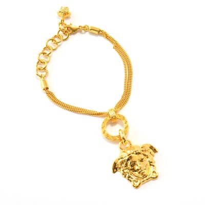 Versace Gold Tone Brass Medusa Head Multi Chain Pendant Bracelet Greca
