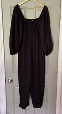 Eloquii Smocked Jumpsuit Women’s Size 16 Black Wide Split Leg Linen Blend