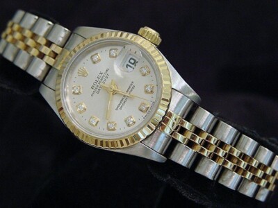 Rolex Datejust Ladies 18K Gold & Steel Watch Silver FACTORY Diamond Dial 69173
